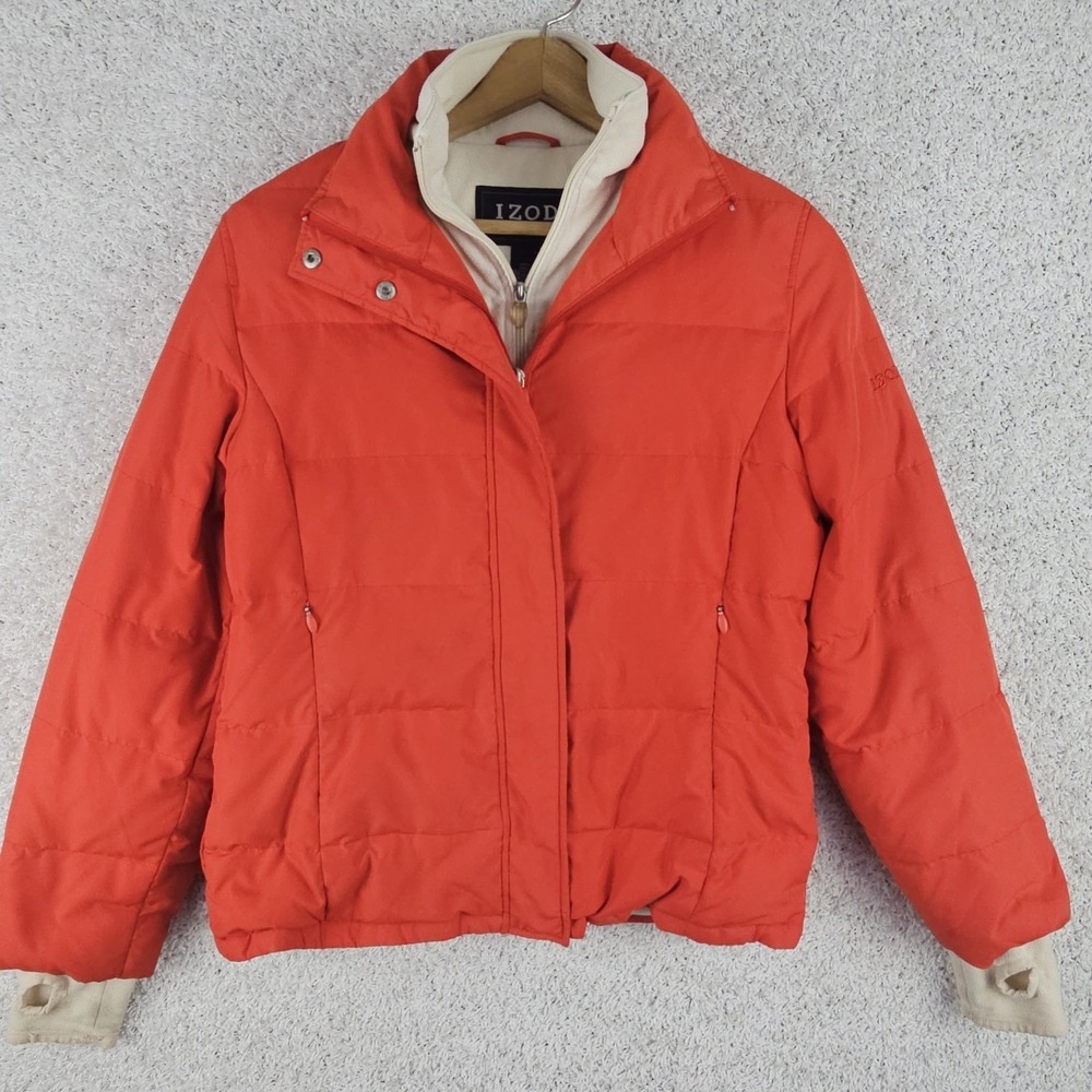 Izod Duck Down Puffer Jacket‎ Women's Small Fleece Double Zip Thumbholes